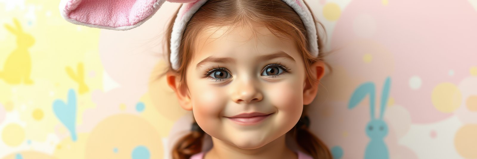 Cheerful child wearing bunny ears against a colorful Easter-themed background, celebrating the holiday with joy and excitement